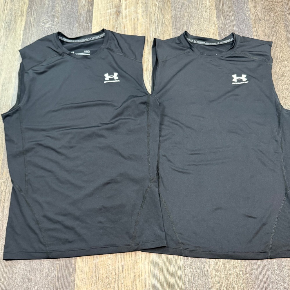 2 Under Armour Compression Shirt Mens Large Black HeatGear Sleeveless Tank Gym